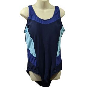 2XX One Piece Swimsuit‎ Blue Wide Straps Padded Bra U Shape Front Back Slimming